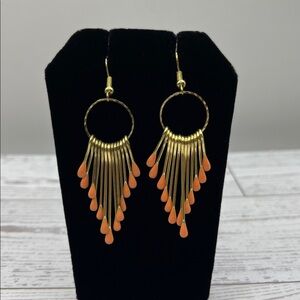 Gold and Orange Dangle Earrings Articulated Gold Tone Long